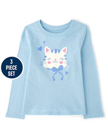 Toddler Girls Cat Bow 3-Piece Outfit Set - BLUE AIR