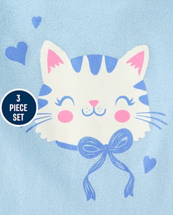 Toddler Girls Cat Bow 3-Piece Outfit Set - BLUE AIR