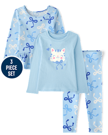 Toddler Girls Cat Bow 3-Piece Outfit Set - BLUE AIR