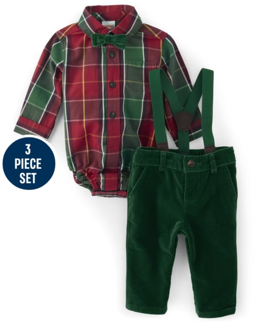 Baby Boys Matching Family Plaid Bodysuit And Velvet Dress Pants Set - Holiday Traditions - view 1