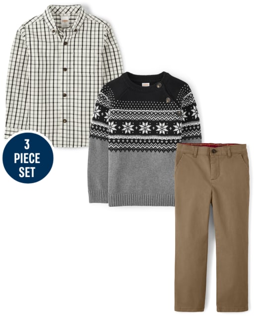 Boys Snowflake Fairisle Sweater, Plaid Button Up Shirt And Twill Dress Pants Set - Perfect Present
