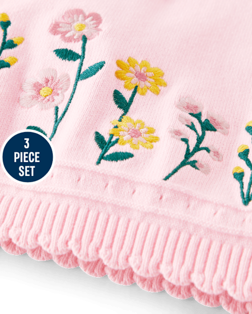 Baby Girls Embroidered Floral Sweater 3-Piece Outfit Set - view 2