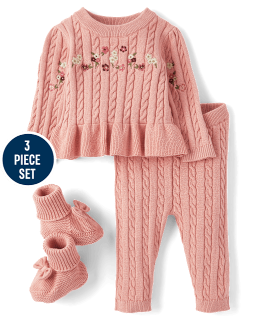 Baby Girls Embroidered Floral Cable Knit Sweater 3-Piece Outfit Set - Homegrown by Gymboree