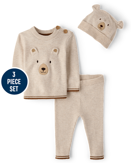 Ensemble Bébé Garçon Body Ours + Pantalon - 3 Pièces Tricot Torsadé - Tenue Chaud Automne/Hiver Nouveau-né