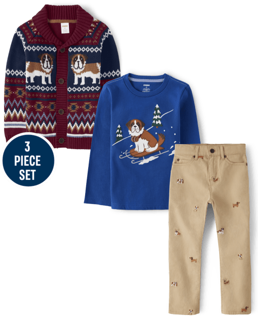 Boys Embroidered Dog Sled Top, Dog Fairisle Cardigan And Dog Pants Set - Playful Pups