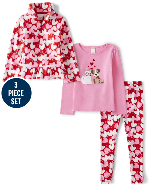 Girls Heart Microfleece Sweater, Embroidered Dog Raglan Top And Heart Leggings Set  - Valentine Cutie