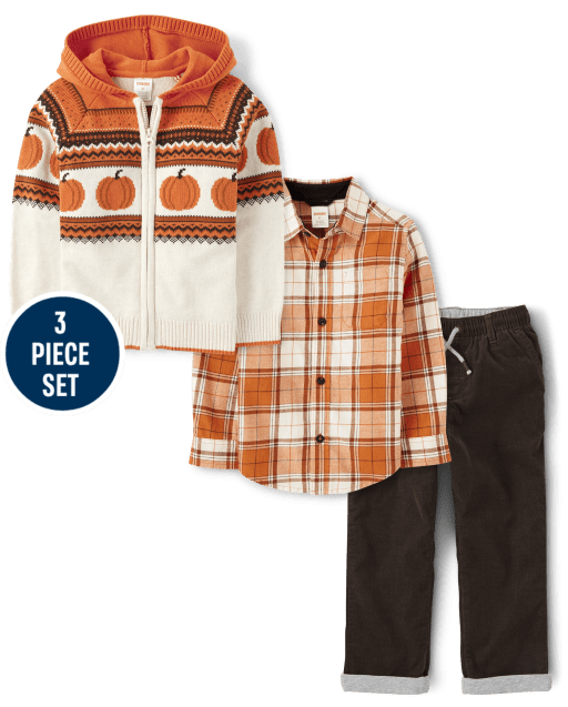 Boys Intarsia Pumpkin 3-Piece Outfit Set - Lil' Pumpkin