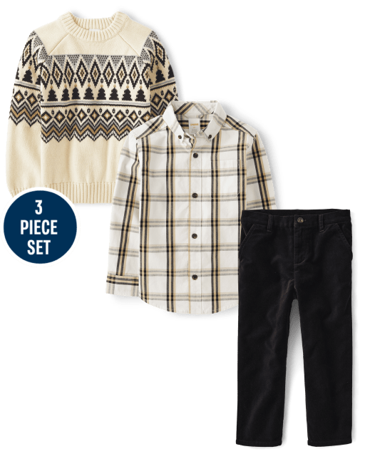 Boys Plaid Button Down Shirt 3-Piece Outfit Set - Winter Wonderland