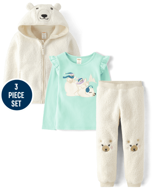 Girls Embroidered Polar Bear 3-Piece Outfit Set - Nordic Adventure