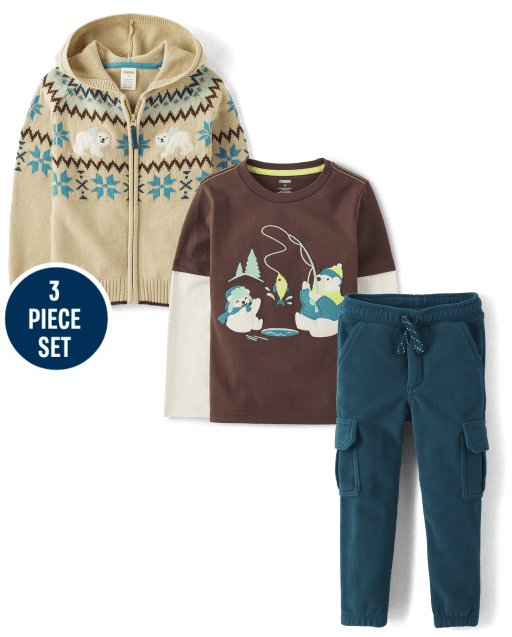Boys Intarsia Polar Bear 3-Piece Outfit Set - Nordic Adventure