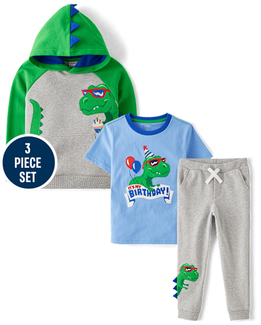Boys Embroidered Dino 3-Piece Outfit Set - Birthday Boutique