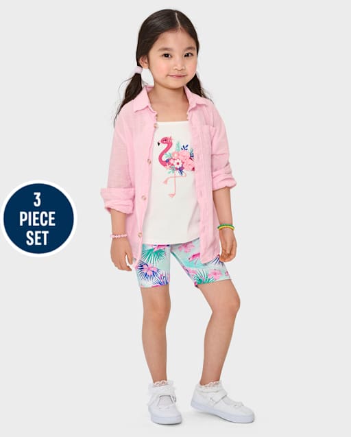 Girls Embroidered Flamingo 3-Piece Outfit Set - Seaside Palms
