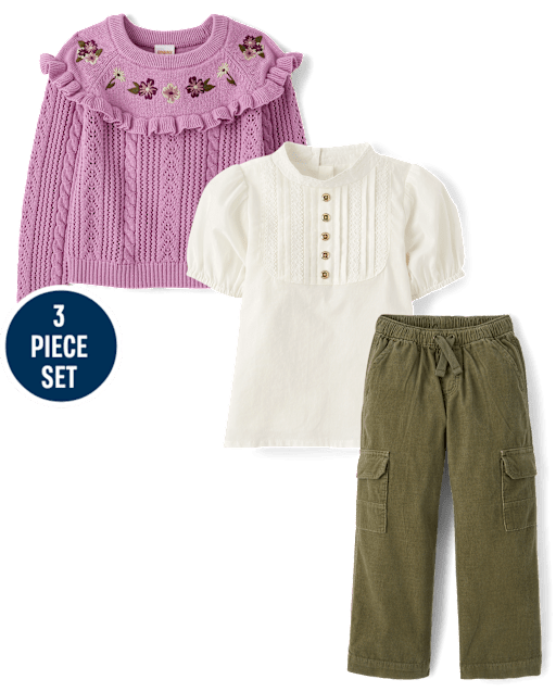Girls Floral Pointelle Sweater 3-Piece Outfit Set - Magical Meadows