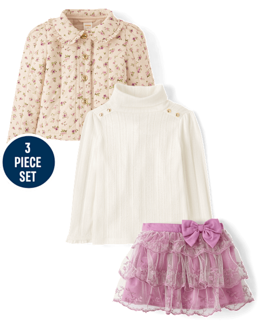 Girls Floral Quilted Jacket 3-Piece Outfit Set - Magical Meadows
