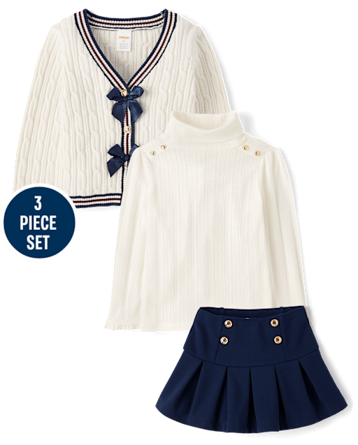 Girls Bow Cable Knit Cardigan 3-Piece Outfit Set - Campus Cuties
