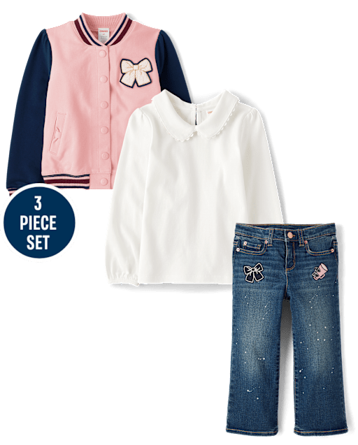 Girls Bow Varsity Jacket 3-Piece Outfit Set - Campus Cuties
