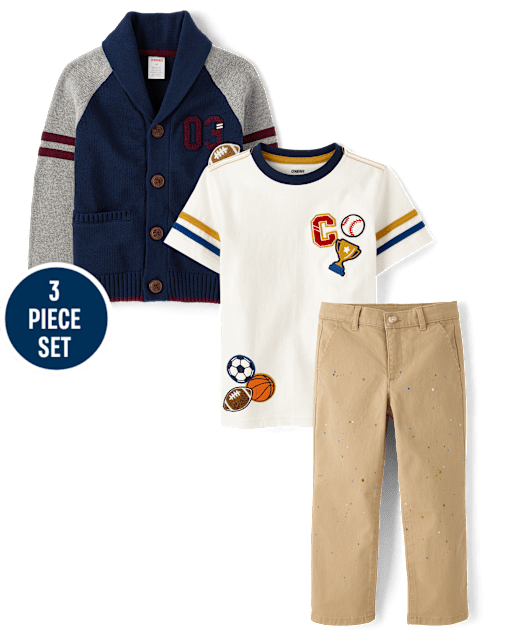 Boys Embroidered Varsity Cardigan 3-Piece Outfit Set - Campus Cuties