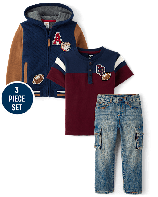 Kids Embroidered Varsity Zip Up Hoodie 3-Piece Outfit Set - Campus Cuties