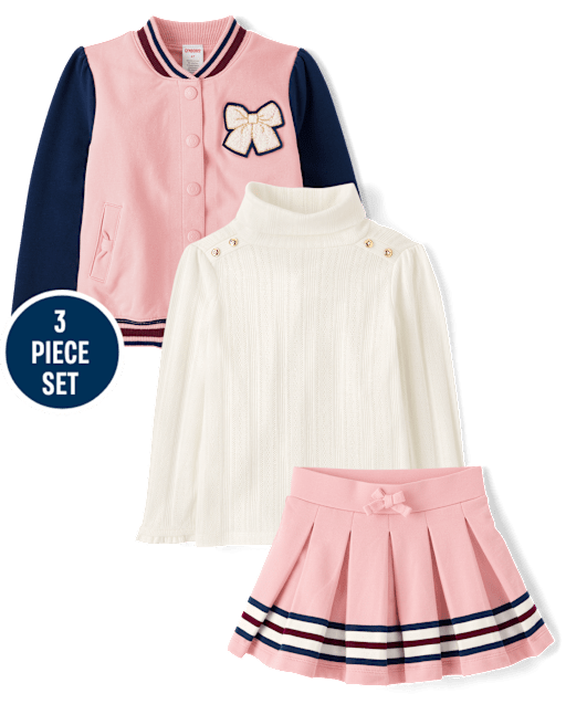Girls Bow Varsity Jacket 3-Piece Outfit Set - Campus Cuties