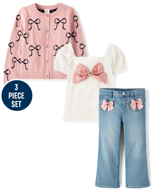 Girls Bow Cardigan 3-Piece Outfit Set - Campus Cuties
