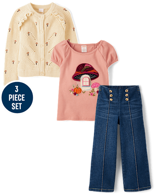 Girls Sequin Mushroom 3-Piece Outfit Set - Fall Celebrations