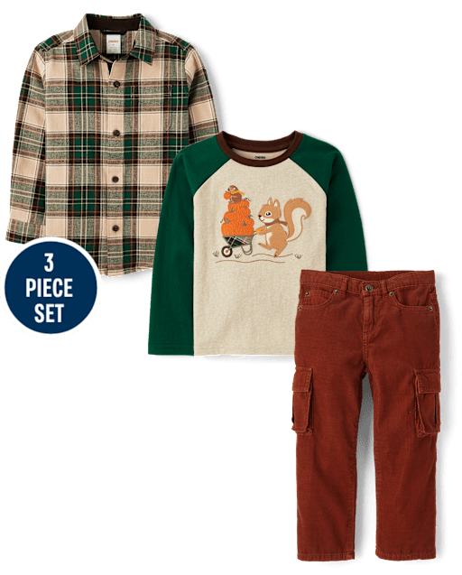 Boys Embroidered Squirrel 3-Piece Outfit Set - Fall Celebrations