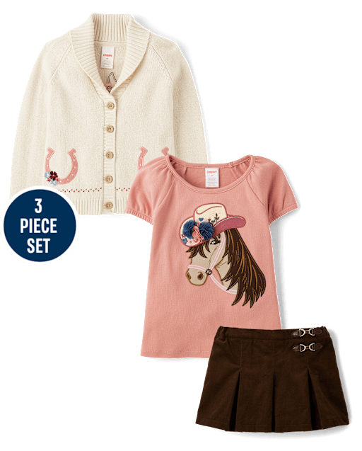 Girls Embroidered Horse 3-Piece Outfit Set - Highland Hills