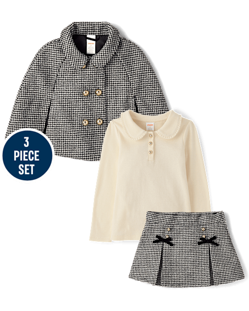 Girls Houndstooth Peter Pan Tweed Cape 3-Piece Outfit Set - Petit Paris
