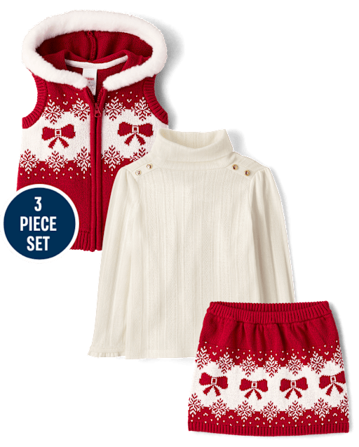 Girls Bow Fairisle Hooded Sweater Vest 3-Piece Outfit Set - Royal Christmas