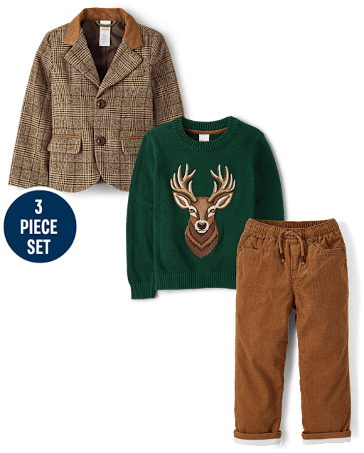 Boys Plaid Blazer 3-Piece Outfit Set - Royal Christmas