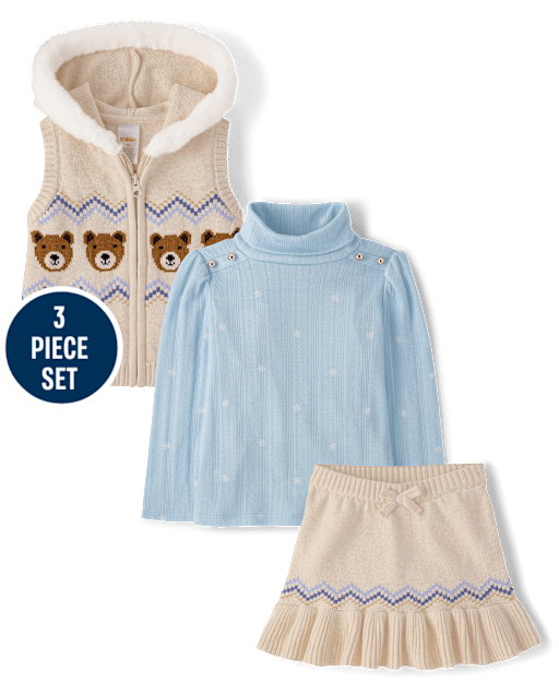 Girls Bear Fairisle 3-Piece Outfit Set - First Frost
