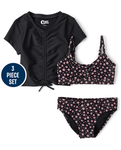 Tween Girls Floral Ruched 3-Piece Swimsuit