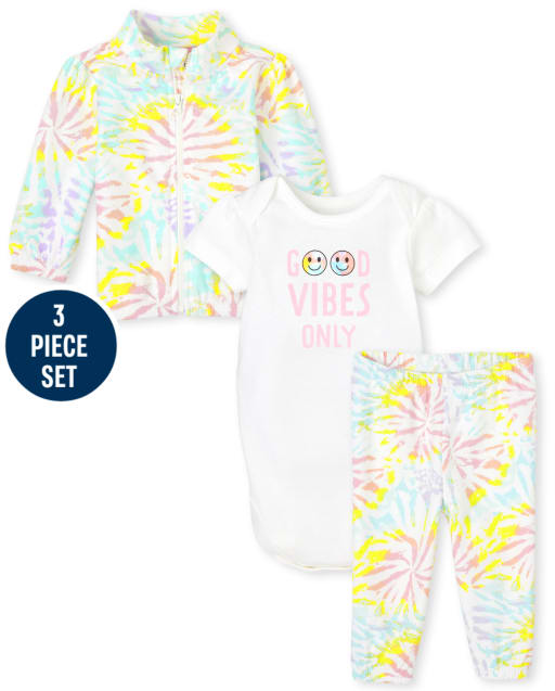 Conjunto de ropa de juego de 3 piezas con teñido anudado para bebés niñas