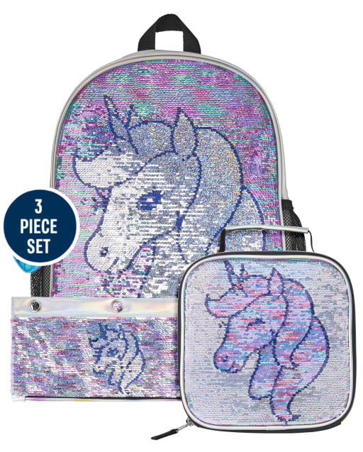 Girls Metallic Flip Sequin Unicorn Backpack, Lunchbox And Pencil Case