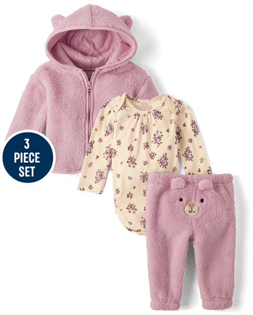 Baby Girls Embroidered Bear 3-Piece Playwear Set