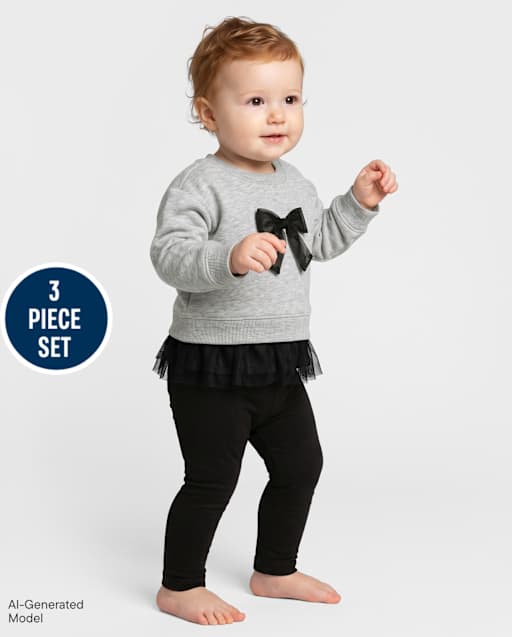 \Ensemble de vêtements de jeu 3 pièces pour bébé fille avec nœud en dentelle\