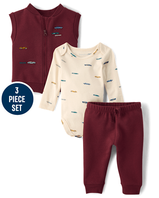 Baby Boys Embroidered Racecar Vest 3-Piece Playwear Set