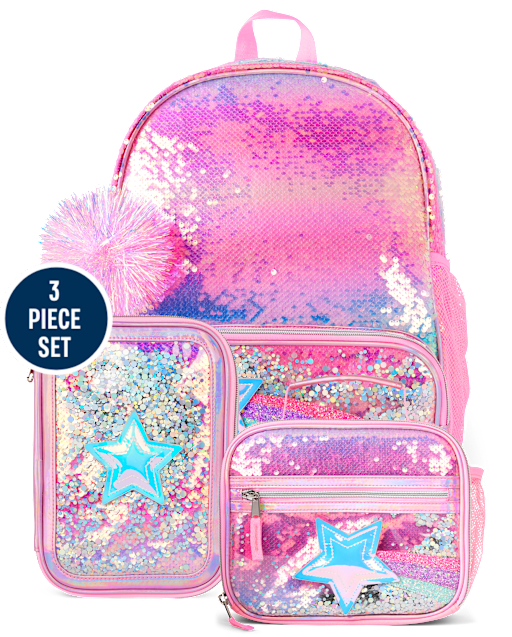 Girls Rainbow Sequin Shakey Star Backpack 3-Piece Set