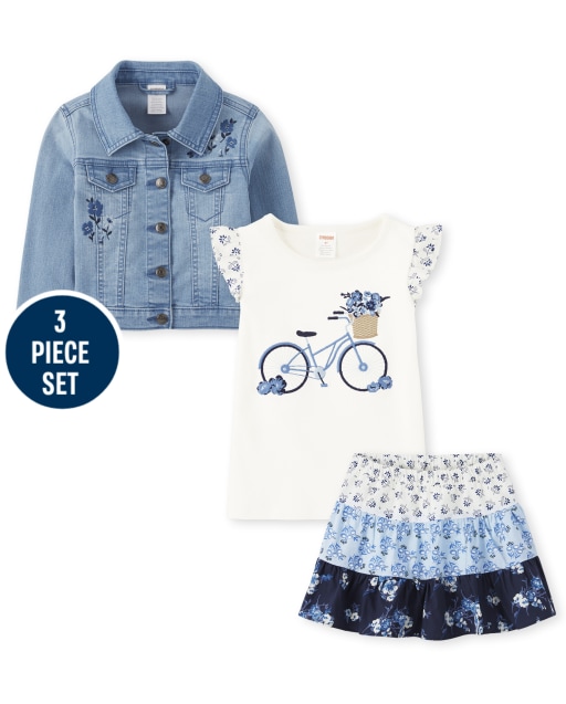Girls Short Sleeve Embroidered Bike Flutter Top, Floral Print Woven Tiered Skort And Long Sleeve Embroidered Floral Denim Jacket Set - Blue Skies