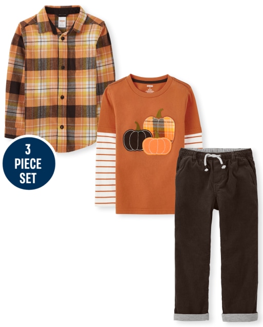 Boys Long Sleeve Embroidered Pumpkin Layered Top, Long Sleeve Plaid Twill Button Up Shirt And Corduroy Pull On Pants Set -  Perfect Pumpkin