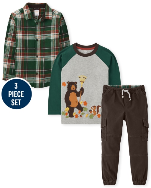 Boys Long Sleeve Embroidered Bear Raglan Top, Long Roll Up Sleeve Plaid Twill Button Up Shirt And Twill Pull On Cargo Pants Set - Autumn Harvest
