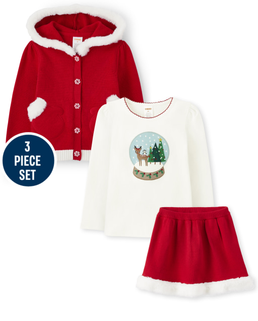 Girls Applique Mittens Hoodie, Embroidered Snow Globe Top And Santa Skirt Set - Holiday Express