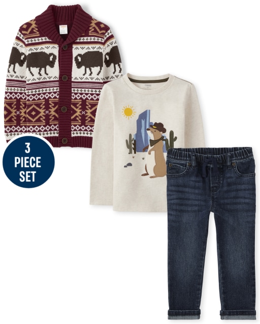 Boys Long Sleeve Bison Fairisle Print Sweater, Long Sleeve Embroidered Prairie Dog Top And Pull On Jeans Set - County Fair