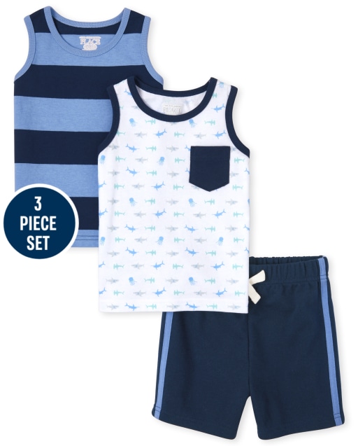 Toddler Boys Mix And Match Sleeveless Shark Print Pocket Tank Top Striped Tank Top And Knit Shorts 3-Piece Set