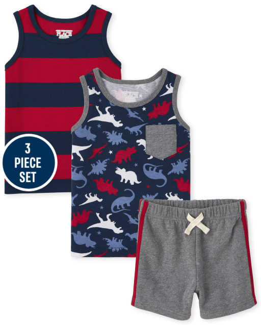 Toddler Boys Mix And Match Sleeveless Dino Print Pocket Tank Top Striped Tank Top And Knit Shorts 3-Piece Set