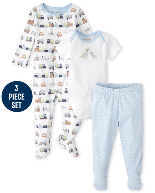 Baby Boys Short Sleeve Dino Bodysuit Long Sleeve Transportation Print Sleep And Play And Striped Knit Pants 3-Piece Take Me Home Set