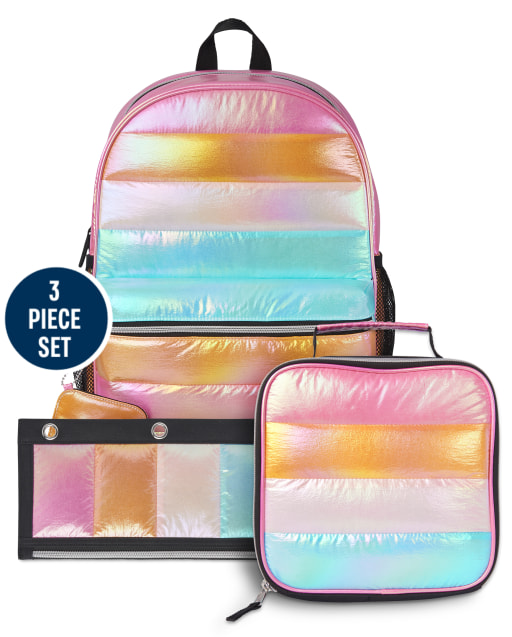 Girls Rainbow Quilted Backpack Lunch Box And Pencil Case 3-Piece Set