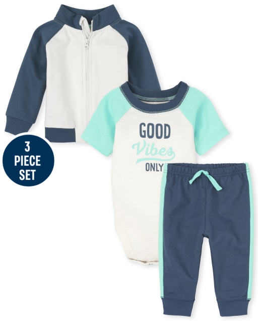 Baby Boys Long Sleeve Colorblock French Terry Jacket Short Raglan Sleeve 'Good Vibes Only' Bodysuit And Side Stripe Knit Jogger Pants 3-Piece Playwear Set