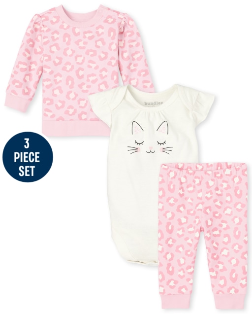 Baby Girls Long Sleeve Leopard Print French Terry Sweatshirt Short Sleeve Cat Bodysuit And Knit Pants 3-Piece Playwear Set