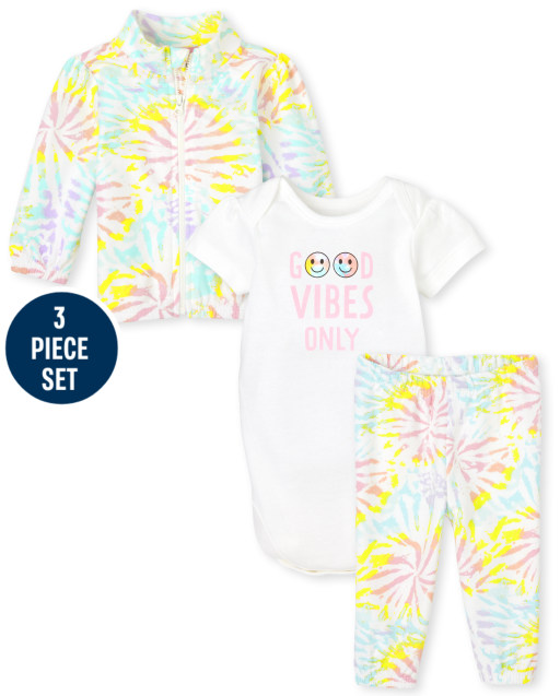 Baby Girls Long Sleeve Tie Dye Print French Terry Zip Up Hoodie Short Sleeve 'Good Vibes' Bodysuit And Knit Pants 3-Piece Playwear Set